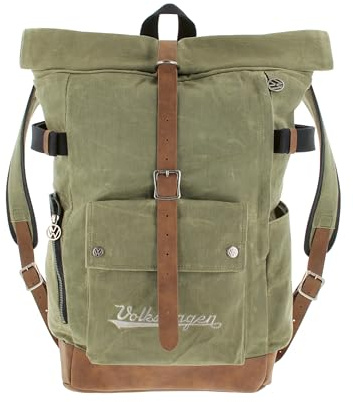BRISA VW Collection - Rolltop Outdoor Reise-Wanderrucksack Herren Damen | Volkswagen Backpack Camping, Größenverstellbar Gepolstert Robust, Wasserabweisend Segeltuch & Echtes Rindsleder, Oliv