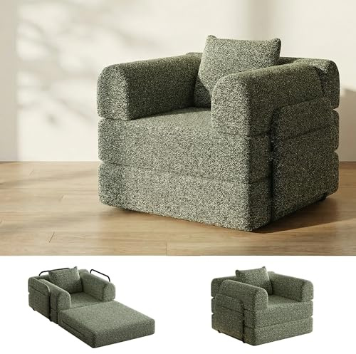 ROCSUMOO Faltbares Schlafsofa Modulares Sessel, Komfortables Einzelbett 2-in-1 Schlafsessel mit DREI Stabilen Metallrahmen, Bodensofa für Wohnzimmer Wohnungen (Chenille Grün)