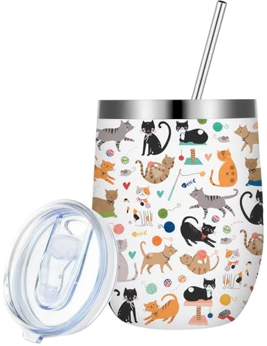 VOYANTE Cat Travel Mug for Women 12oz, Insulated Coffee Thermal Mug with Lid and Straw, Stainless Steel Cats Cup for Ice Drinks, Home Picnic, Ice Preservation, Cat Gifts for Women Girls