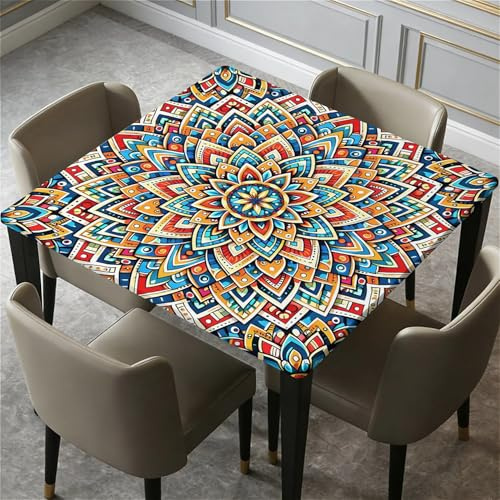 Quadratische Tischdecke 85x85cm mit Gummizug Wasserdicht, Elastische Tischdecke Outdoor wetterfest Abwaschbar für Esstisch Küche Garten Party-Boho-Mandala