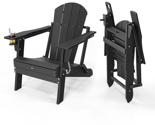 VINGLI Adirondack Stuhl aus HDPE-Kunststoff, Outdoor Gartenstuhl Klappbar mit Getränkehalter, Wasserdichter Gartensessel bis 172 kg belastbar, für Garten, Terrasse, Pool, Feuerkorb, Schwarz