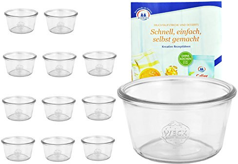 MamboCat Weck Set de 12 Pots de 370 ML Original Weck en Verre à Dessert Pots pour gâteaux Gelées Verres UVM sans Couvercle avec livret de Recettes Sucre Diamant Gelerzauber