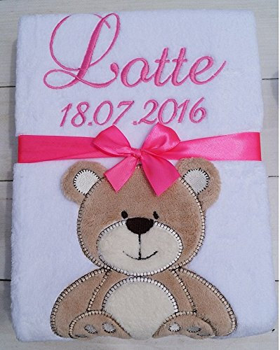 ★ Babydecke mit Namen und Datum Bestickt ★ Baby Geschenke ★ Geburt ★ (Weiss - Teddybär)