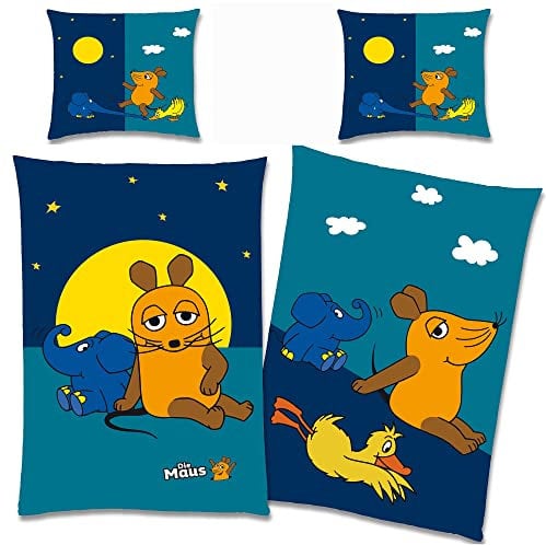 Die Sendung mit der Maus Kinder-Bettwäsche Night blau 135 x 200 cm + 80 x 80 cm 100% Baumwolle Linon/Renforcé Maus Elefant Ente Bettzeug Bett-Bezug Kissen-Decken-Bezüge deutsche Größe