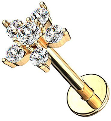 Piercingfaktor Piercing Stab mit Kristall Blume Lippe Ohr Labret Tragus Helix Knorpel Stecker Lippenpiercing Ohrpiercing 8mm Gold