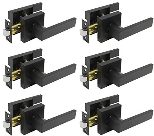 Probrico 6 Pack Square Interior Passage Door Lever for Hallway Stainless Steel Closet Two Sides Flat Reversible Door Handle with Latch Black