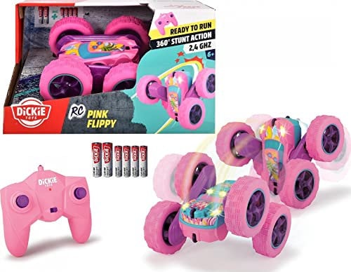 Dickie Toys Pink Drivez RC Candy Flippy Remote Control Toy Car Rotating and Flip Function with Remote Control up to 8 km/h for Boys and Girls Age 6+, 28 cm Pink/Turquoise