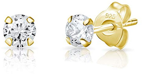 DTPsilver® boucles d'oreilles femme argent 925 - MINI/Petits/Moyens Clous Puces d'oreilles Plaqué Or Jaune et Oxyde de Zirconium Ronds - Diamètre: 4 mm - Blanc/Clair CZ