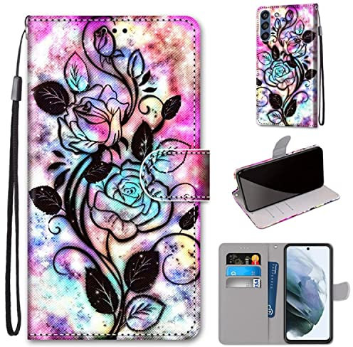 König Design Handyhülle kompatibel mit Samsung Galaxy S21 FE Schutztasche Wallet Cover 360 Case Etuis Farbe Bottom Hollow Flower