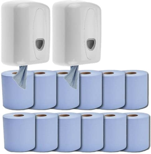 Phoenix 2 Blue Centerfeed Dispensers with 12 Rolls of Blue Center Feed Paper Towel Dispenser
