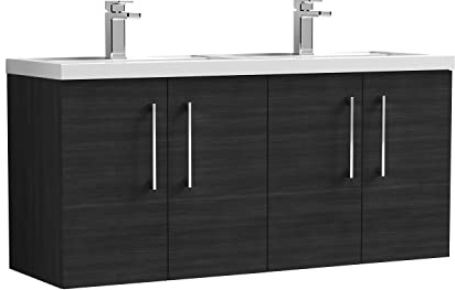 nuie ARN623F Arno Modern Bathroom Wall Hung 4 Door Double Vanity Unit with Twin Ceramic Basin, Woodgrain Charcoal Black