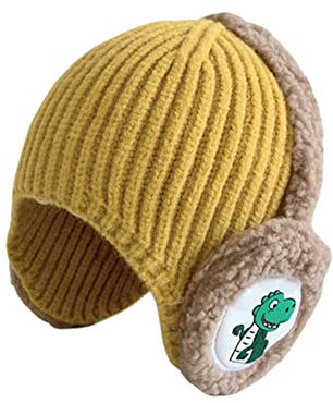 Herbests Warm Mütze und Schal Set für Jungen Mädchen 2-5 Jahre, Baby Beanie Stricken Wintermütze Warm Niedlich Dinosaurier Schlupfmütze Kinder Strickmütze Wintermütze mit Ohrenschützer,Gelb