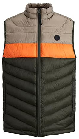 JACK & JONES Mens Sleeveless Jacket Full Zip High Neck Puffer Gilet Bodywarmer Jackets for Men UK, Orange/Black/Light Brown/Khaki Colour, Size-S