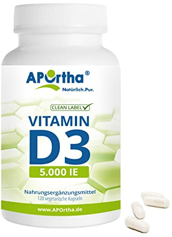 APOrtha® Vitamin D3 5.000 I.E, 120 vegetarische Kapseln hochdosiert | natürliches Vitamin D3 (Cholecalciferol) aus Lanolin,Vitamin D 3, vegetarisch, glutenfrei, laktosefrei, allergenfrei