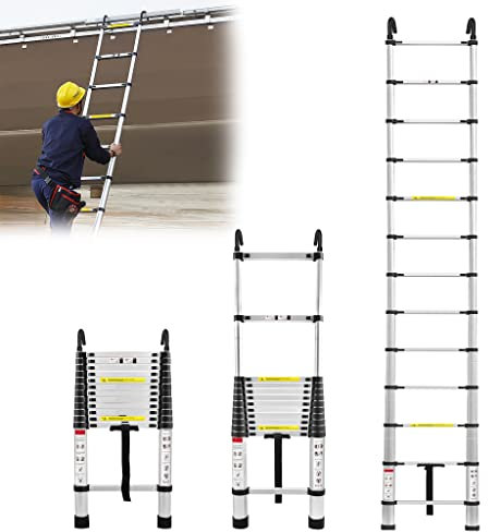 XMTECH Teleskopleiter Multifunktionsleiter Ausziehleiter Anlegeleiter Mehrzweckleiter Ausziehbare Leiter Stehleiter - 3,8M Teleskopleiter, 13 Sprossen, Silber - mit 2 Abnehmbarem Haken