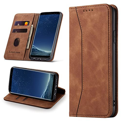 Leaisan Handyhülle für Samsung Galaxy S8 Hülle Premium Leder Flip Klappbare Stoßfeste Magnetische [Standfunktion] [Kartenfächern] Schutzhülle für Samsung Galaxy S8 Tasche - Braun