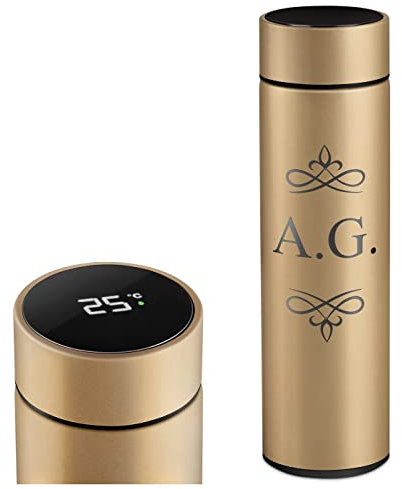Maverton Travel Mug with Engraving for Man - 450 ml Vacuum Insulated Flask - Removable Tea Infuser - Personalised Gold Mug for Birthday - LED Temperature Display - for him - Initials