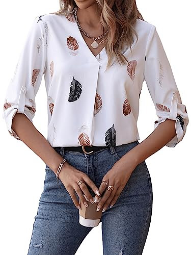 GORGLITTER Elegante Bluse Damen V Ausschnitt Bluse Blusenshirt 3/4 Arm Elegant Bluse Mit Knöpfen Dreiviertelarm Oberteil Mit Federn Weiß M
