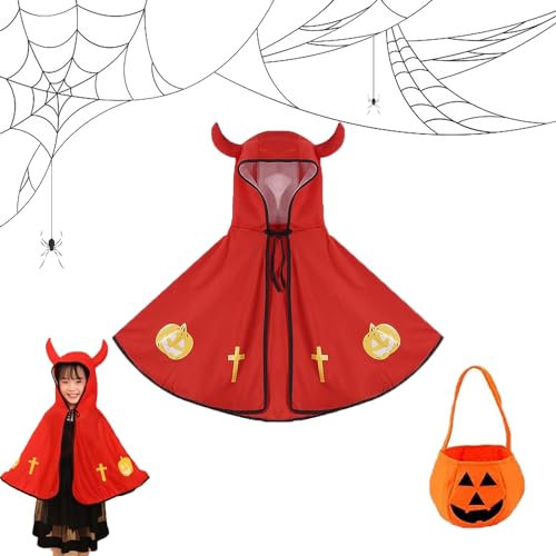 JLTXKST Kinder Halloween Kostüm,Halloween Kinder Umhang Cape,mit Ox Horn Mit Kapuze Mantel Und Kürbis Candy Bag, für Jungen Mädchen Fasching Karneval Halloween Cosplay Party (Rot)