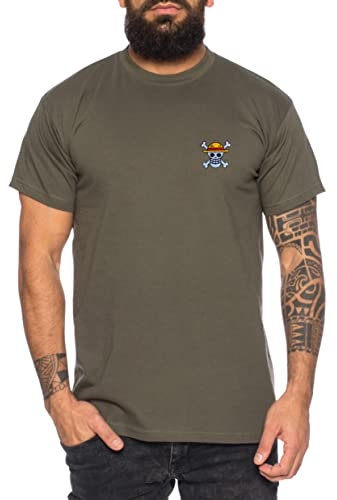 Ruffy Straw Hat Besticktes Herren T-Shirt - Manga Stick One Pirat Piece Anime Luffy Zoro, Farbe:Khaki, Größe:XL