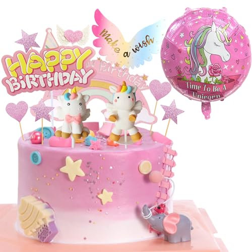 Einhorn Tortendeko 20 Stück Geburtstag Party Kuchen Deko Set mit Folienballon, Regenbogen, Stern, Herz, Flügel, Happy Birthday Topper für Kinder Mädchen Junge (Einhorn)