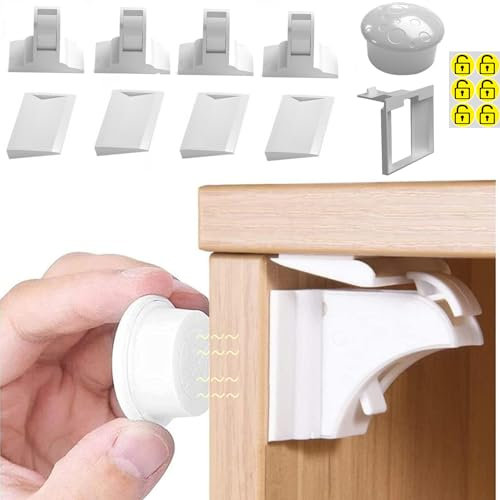 Cupboard Locks for Children，Magnetic Child Safety Cupboard Locks for Children，Invisible & Unlocked Design No Drilling Needed,Easy 30 Second Install with 3m Adhesive（4 Locks,1 Key）