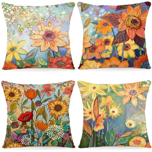 ZWJD Lot de 4 Housse Coussin 45x45 Florale Peinture à l'aquarelle Housses de Coussin Décoratives en Coton Lin Taie Oreiller de Canapé Housse De Coussincarré pour Lit Voiture De La Maison Canapé