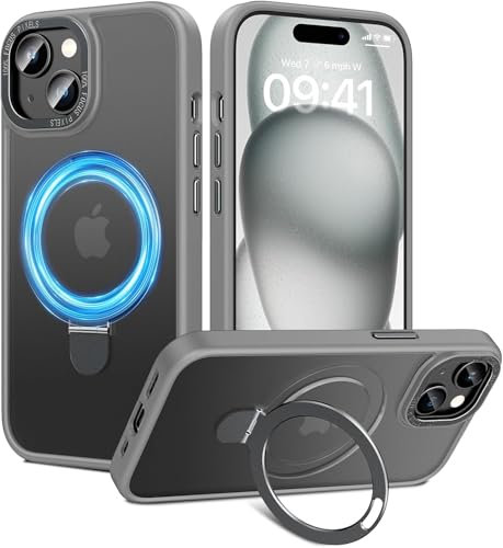 HWeggo for iPhone 15 Case Magnetic,Military Grade Drop Protection,Translucent Matte Back Non-slip Phone Cover with Invisible Stand for iPhone 15 6.1,Black