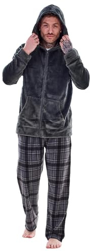 Keanu Herren-Pyjama aus Microfleece, einfarbig, Rundhalsausschnitt, Oberteil mit karierter Unterseite, Loungewear, superweiches Fleece, verschiedene Designs, Größen S, M, L, XL, 2XL, Anthrazit