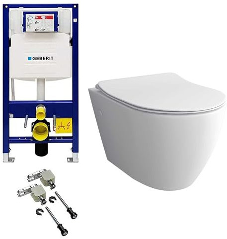 Alpenberger Wand WC Spülrandlos mit WC Sitz mit Absenkautomatik | Badezimmer Set Kloschüssel mit WC Spülkasten und Bausatz | Vorwandelement WC Set Komplett | Passend Geberit (9024)