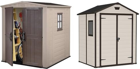 Keter 17197898 Factor Outdoor Garden Storage Shed, Beige, 6 x 6 ft & Manor Outdoor Apex Double Door Garden Storage Shed 6 x 5ft Beige Brown Wood effect