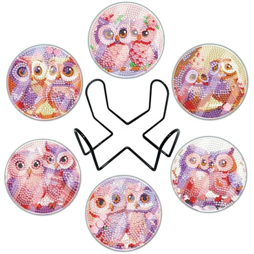 6 Stück Diamond Painting Untersetzer Mit Halter, 5D Mandala Diamant Tassenuntersetzer mit Schutzfilm, Diamond Painting Erwachsene Art Untersetzer für Heim Dekorationen (Eule-08)