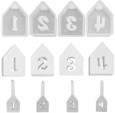 Silikonformen Gießformen Häuser Kerzenhalter, 4 Stück Silikonform Haus mit Zahlen Silikonform Kerzenhalter Gießform Kerzenhalter Gießformen Silikon Gießform Haus Giessformen Silikon (1-4 zahlen)