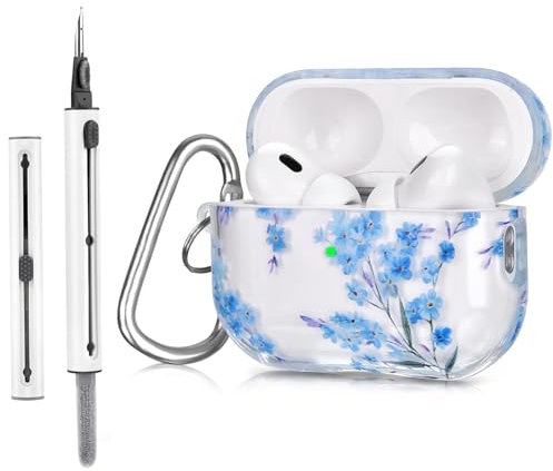 VISOOM Kompatibel mit Airpods Pro 2/Pro Case Cover mit Reinigungsset, Transparente TPU Schutzhülle für Airpod Pro 2nd/1st Generation(2022/2019) mit Karabiner[Front LED sichtbar],Blue-Flower