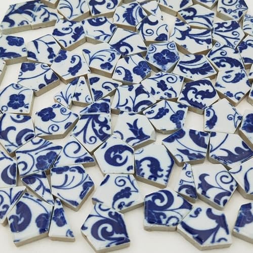 500g Broken Ceramic Porcelain Mosaic Tiles for Crafts, Irregular Blue and White Porcelain Mosaic Pieces for DIY Vase Mosaic Projects (Medium 11)