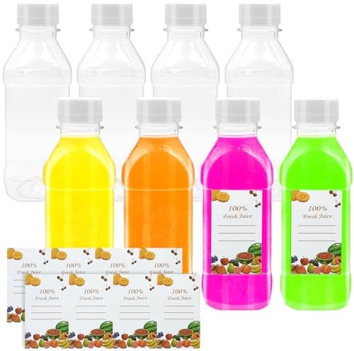 MOSTFUN 8 Pcs 8.45oz/250ml Plastic Juice Bottles, Square Shot Bottles with Lids Clear PET PET Drink Bottles with Fruit Label Leak-proof Drink Bottlesfor Juice, Milk, Smoothie, Water