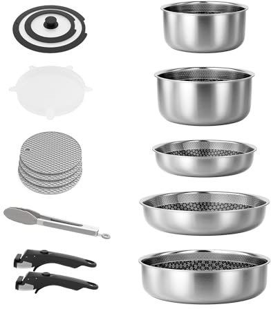 Caannasweis Detachable Nonstick Cookware Set - Stackable Induction Pots and Pans With Removable Handles, Dishwasher Safe - For RV Camping, Oven and Stovetop Use, 5 Pieces (5 Pots Stainless Steel)