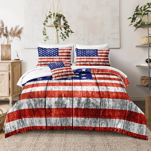 Merryword Bettwäsche-Set mit USA-Flagge, 8-teilig, Queen-Size-Größe, amerikanische Flagge, Bettwäsche-Set, Holzplanken, Bettdecken-Set