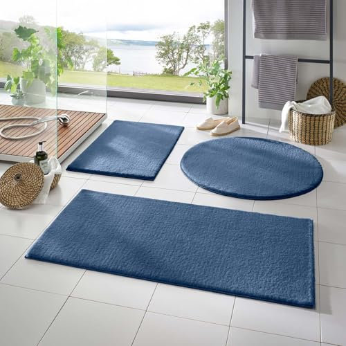 Taracarpet Badematte Fiona rutschfest waschbar Badezimmerteppich sehr weich und als Set kombinierbar Uni dunkel blau 050x080 cm