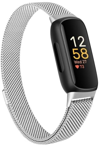 MVSSAT Metallbänder für Fitbit Inspire 3 Damen und Herren, Edelstahl-Mesh-Armband, atmungsaktiv, mit verstellbarem Magnetverschluss, silberfarben