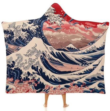 Crane Print with Ocean and Moon Waves Kuscheldecke Mit Kapuze,Winter Weich Wohndecke Schlafdecke Sofadecke Plüschdecke Pelzdecke Printdesign Couchdecke Wearable Decke Für Erwachsene Kind 40x50