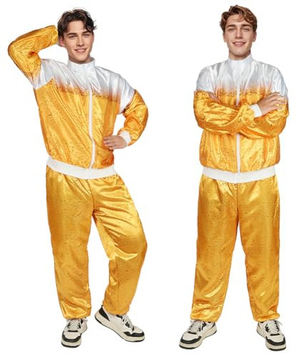 AYBUY Disco Kostüm Set, 2-teiliges Disco-Kostüm-Oberteil-Hosen-Set, Langärmliger Retro-Trainingsanzug, Geeignet für Rollenspiele und Rave-Partys im Stil der 70er und 80er Jahre(L-Gelb)