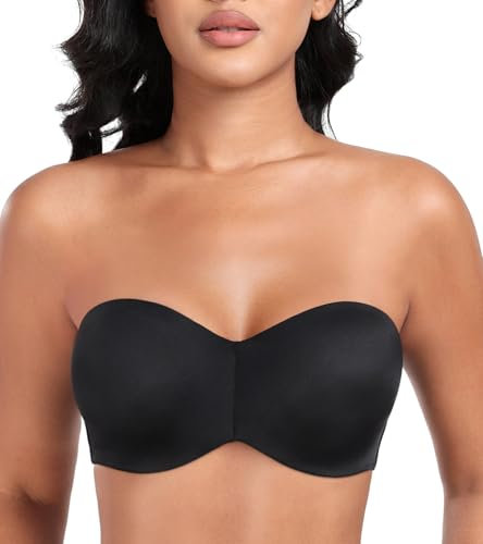 Lemorosy Women's Seamless Strapless Bra Non Padded Anti-Slip Plus Size Bandeau Underwire(Black,34D)