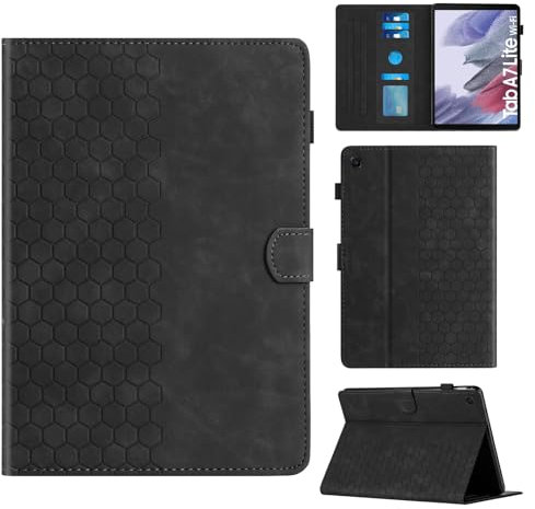 Rosbtib Funda para Samsung Galaxy Tab A7 Lite 2021 8.7 Modelo SM-T225/T220 con Soporte y Ranura para Tarjetas, Funda de Piel sintética con patrón de Textura Hexagonal para Galaxy Tab A7 Lite, Negro