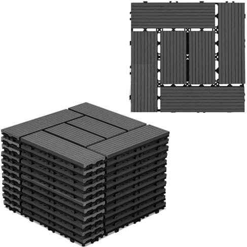 Gimisgu WPC Terrassenfliesen, 30x30cm WPC Fliesen 44er Set für 4 m² Balkonfliesen Klickfliesen mit Klick-System, Bodenbelag für Balkon Terrasse, Wetterfest mit Drainage, Anthrazit
