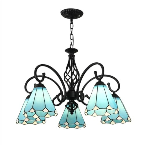 GONGKAI Lustre Bleu, Suspension Conique Tiffany, 8 Abat-Jours en Verre Bleu, Lampe de Plafond Suspendue Noire pour Salon et décoration (Taille : 5 pièces)