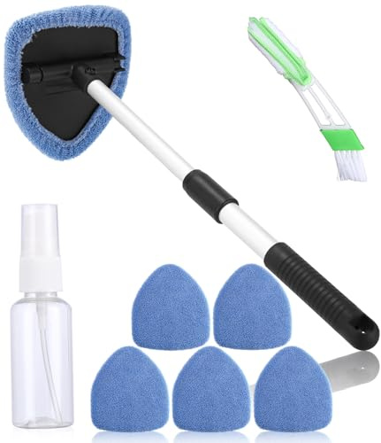 Huifoo Nettoyant Pare-Brise,Brosse de Nettoyage de Pare-Brise,Nettoyage Pare Brise intérieur,Nettoyage de Pare-Brise Poignée Télescopique Poignée Pivotante à 180°et 6 Tampons Lavables,Bleu CWMS09
