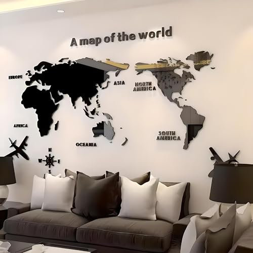 Adesivo murale 3D,mappamondo, moderno in acrilico,Design geografico decorativo con continenti e aerei .Colori nero, grigio e caffè,Dimensioni 2.3x1.20 m – Spessore 2 mm (nero)