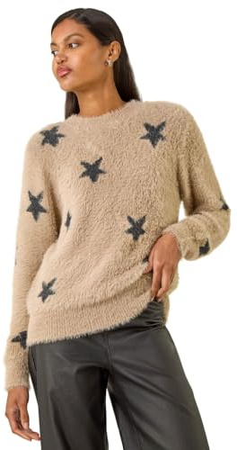 Roman Originals Fluffy Yarn Jumper for Women UK Ladies Thick Sweater Warm Cosy Chunky Knitted Pullover Winter Furry Casual Smart Textured Everyday Cuddly Soft Knitwear - Beige - Size 12