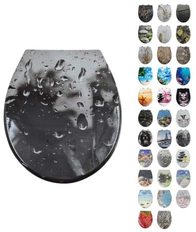 Toilettendeckel mit Absenkautomatik, WC Sitz mit Absenkautomatik Oval Form klodeckel Einfache Reinigung, Abnehmbarer WC-Sitz, 150kg belastbar, einfache Montage – Motiv : Schwarze Wassertropfen